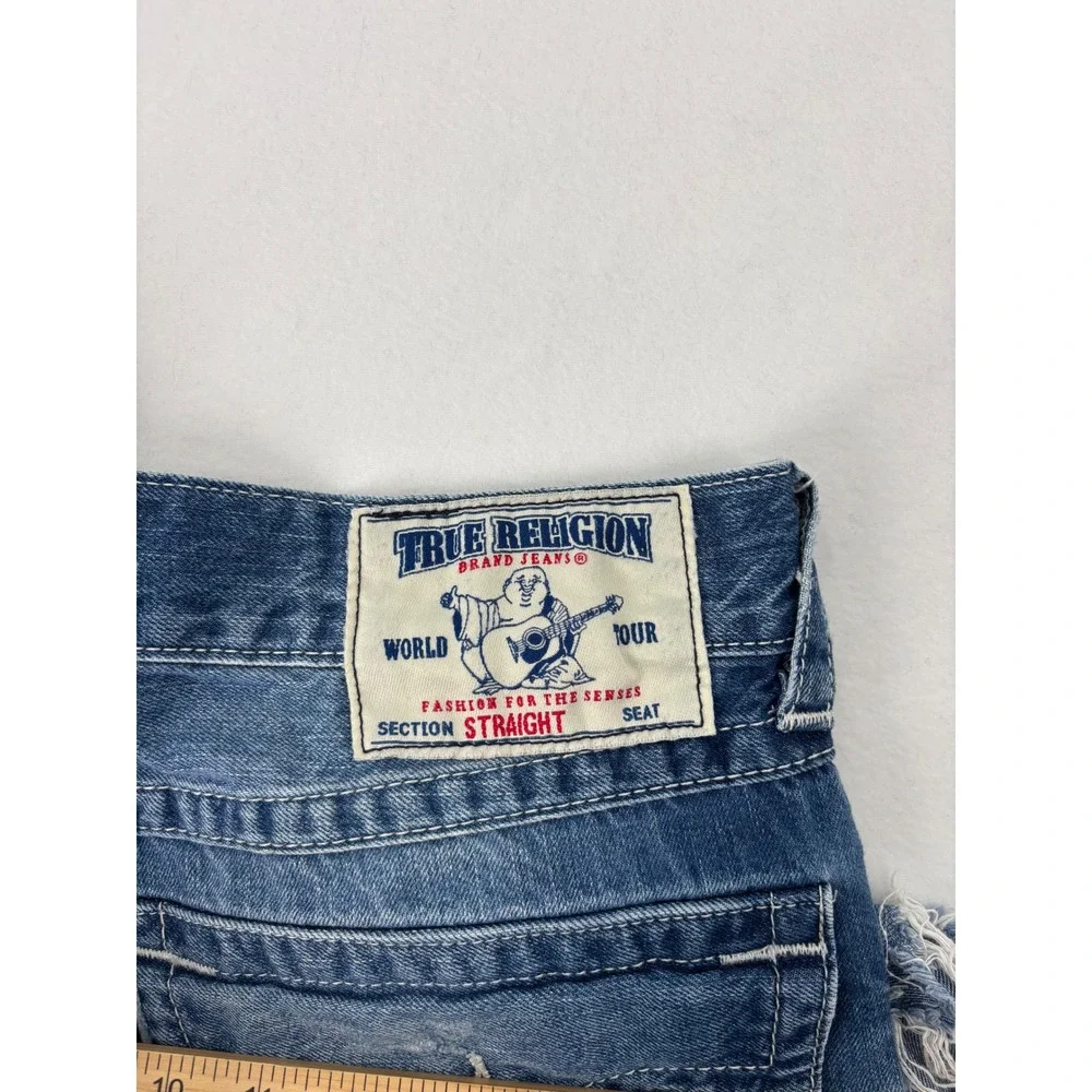 True Religion Straight Jeans Mens 34 Blue Distressed Ripped Denim Streetwear